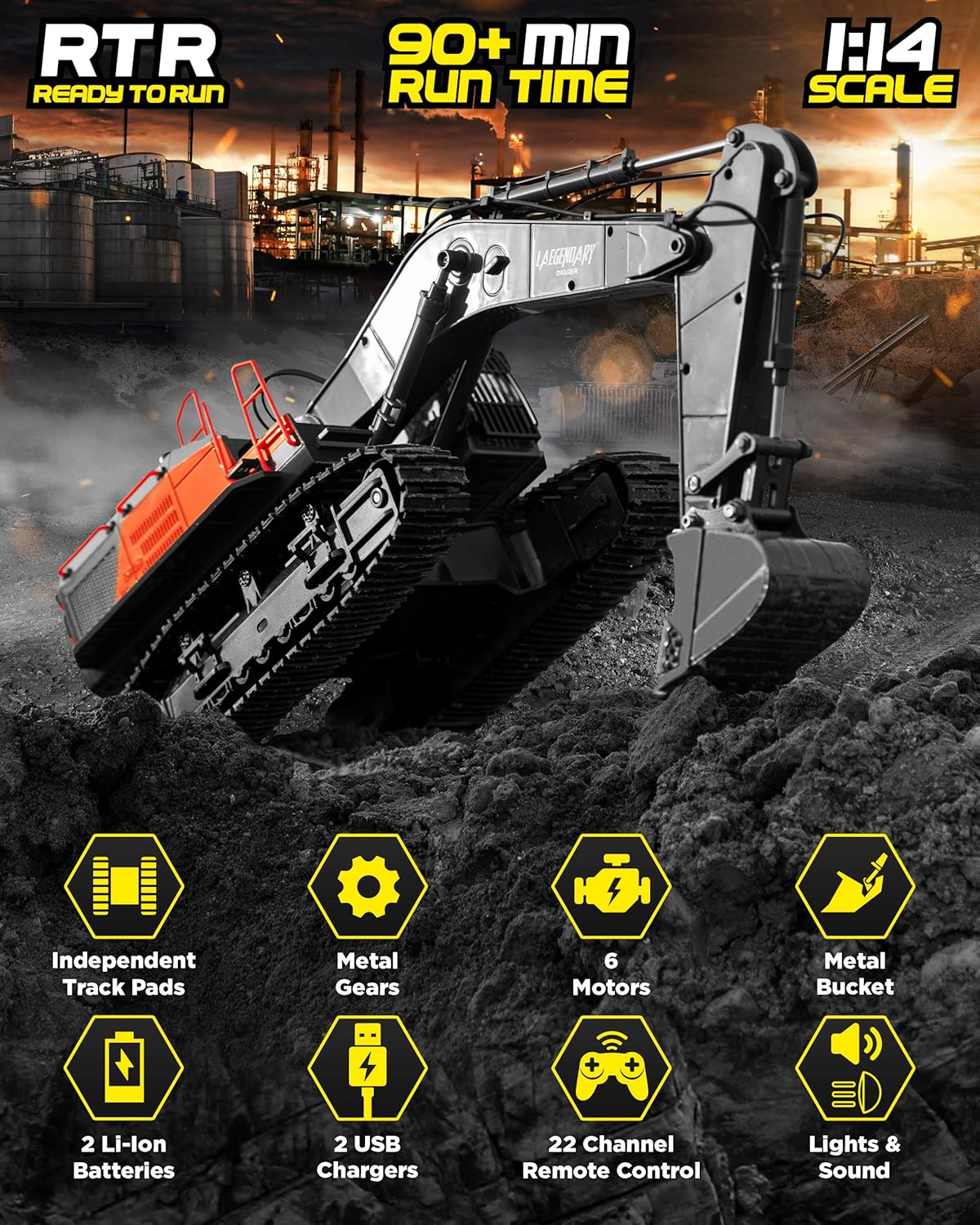 1:14 Scale Black Red Remote Control Excavator Toy K420046