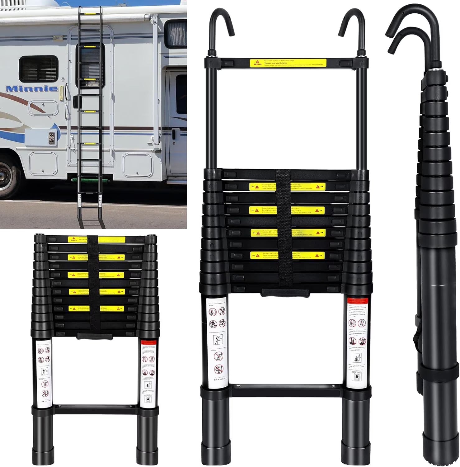 12.5FT Aluminum Telescoping Folding Ladder with Hook, 330lbs Load Capacity T445643