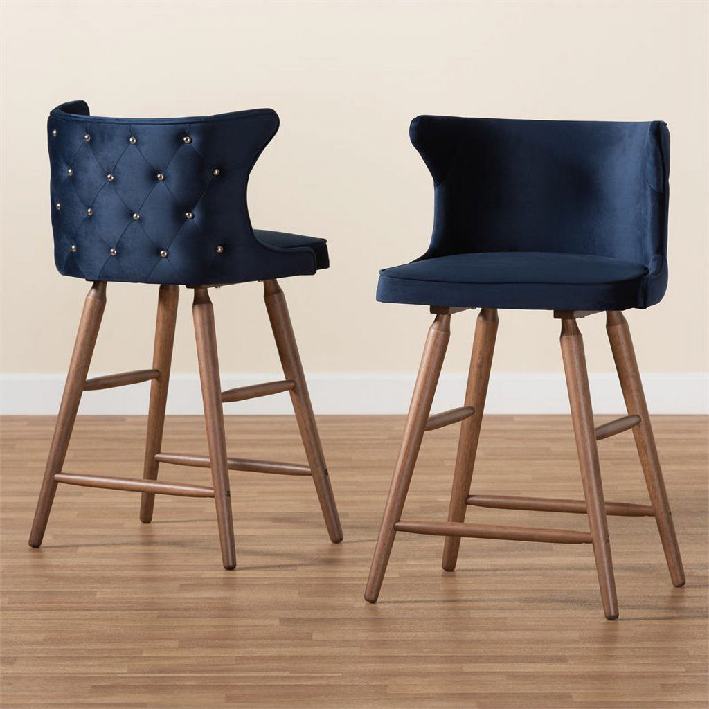 Blue and Walnut Brown Finished Wood 2-Piece Stool Set T27662