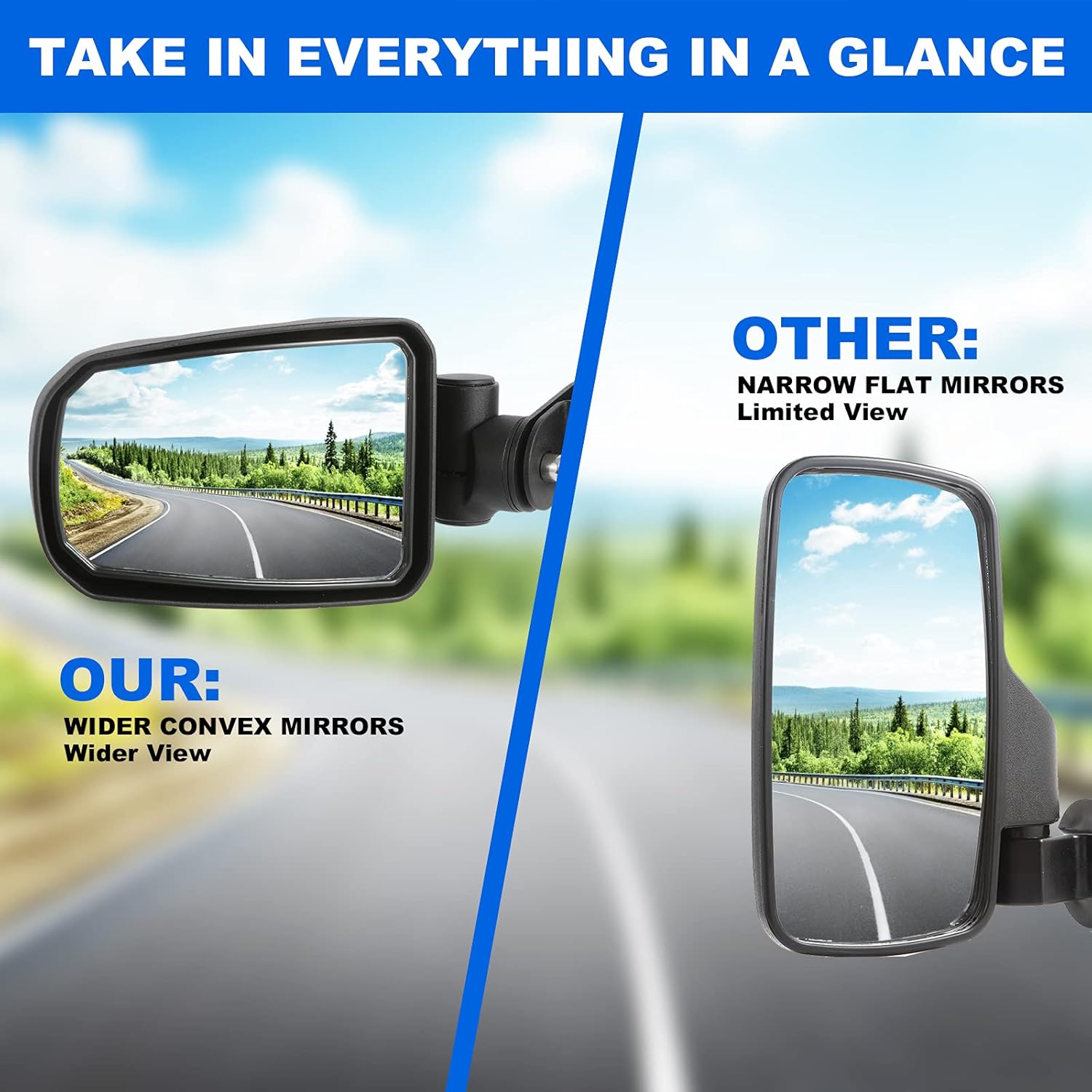 UTV Side View Mirror for 1.75 Roll Cage Bar, Adjustable Mirror Face L656001
