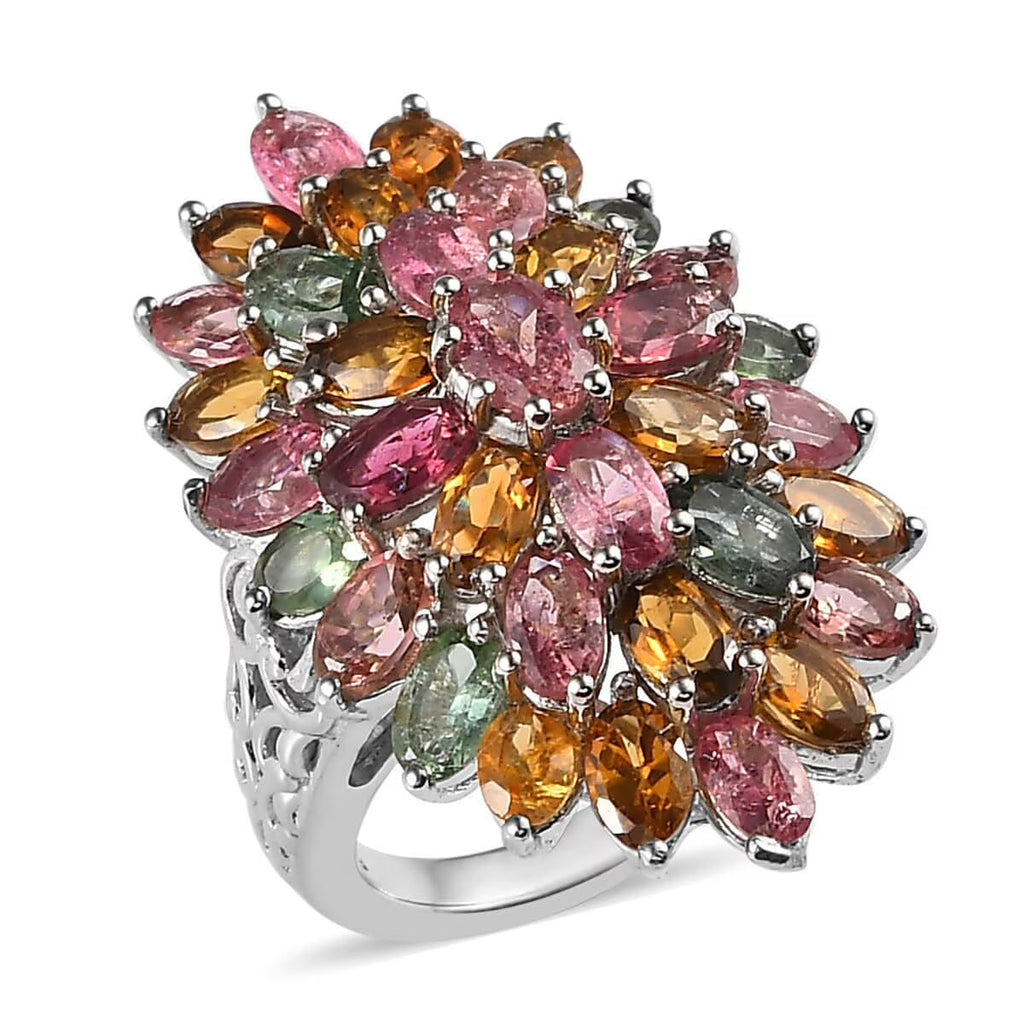 Multi-Tourmaline Oval 925 Sterling Silver Platinum Plated Cluster Ring Size 10 Ct 6.28 R3975