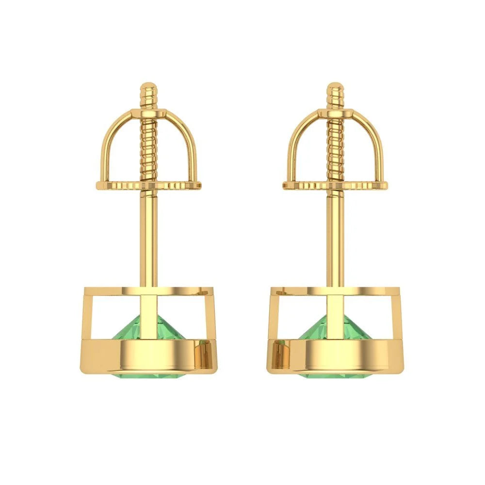 Yellow Gold Solitaire Stud Earrings, 2 Ct Round Cut Simulated Green Diamond, 14K, Screw Back U17762