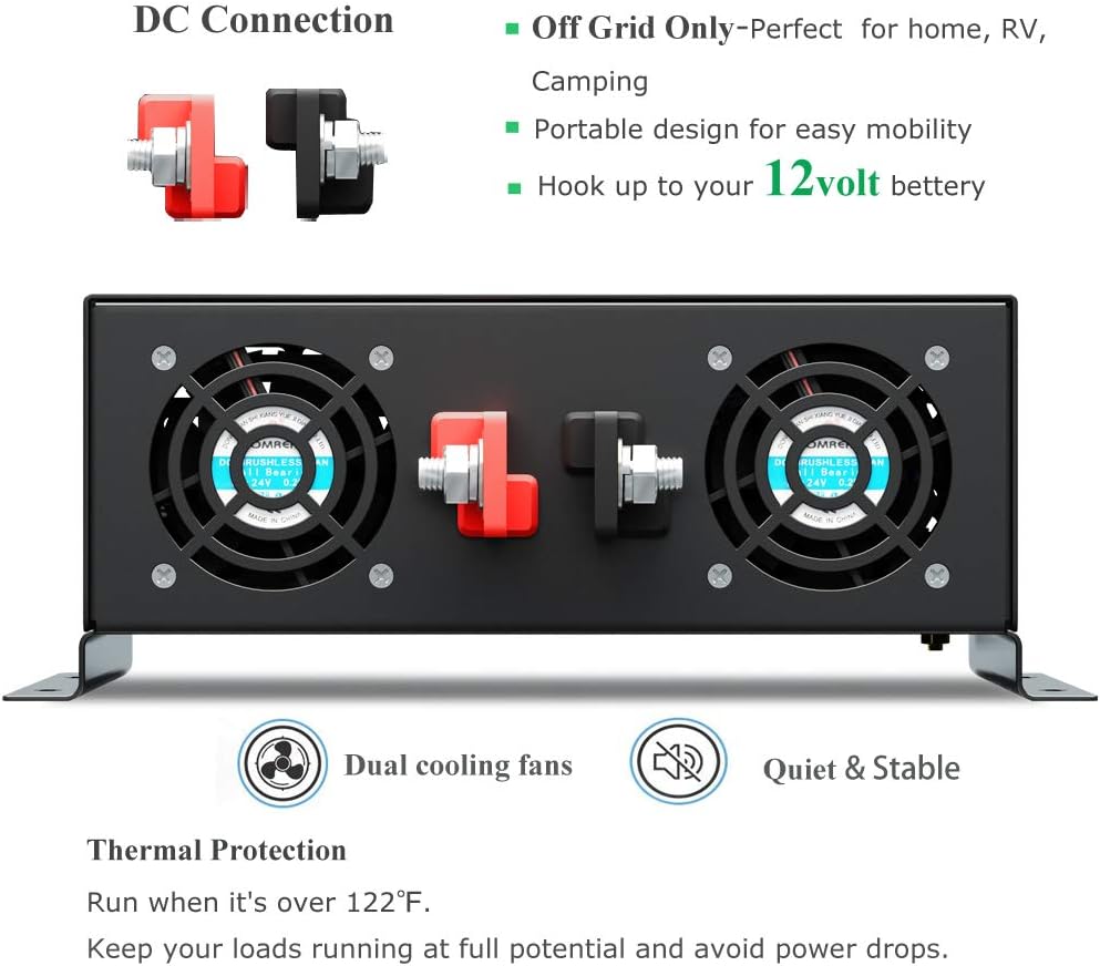 2500W 12VDC 120VAC Pure Sine Wave Power Inverter with 2 AC Outlets Wired Remote Control P52606