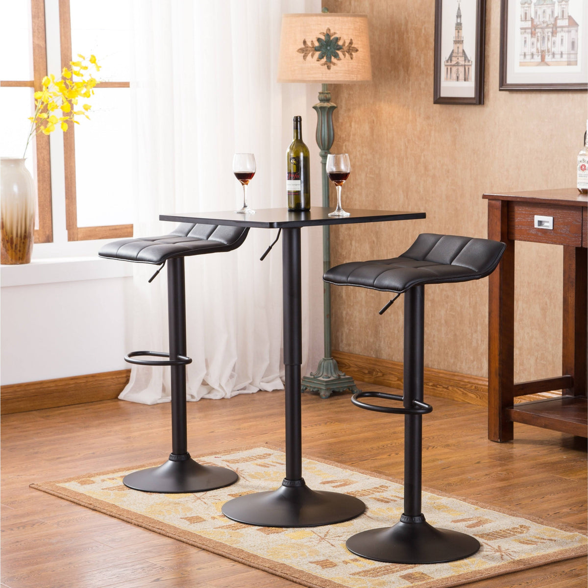 Black Metal Bar Table with 2 Swivel Bonded Leather Stools O794