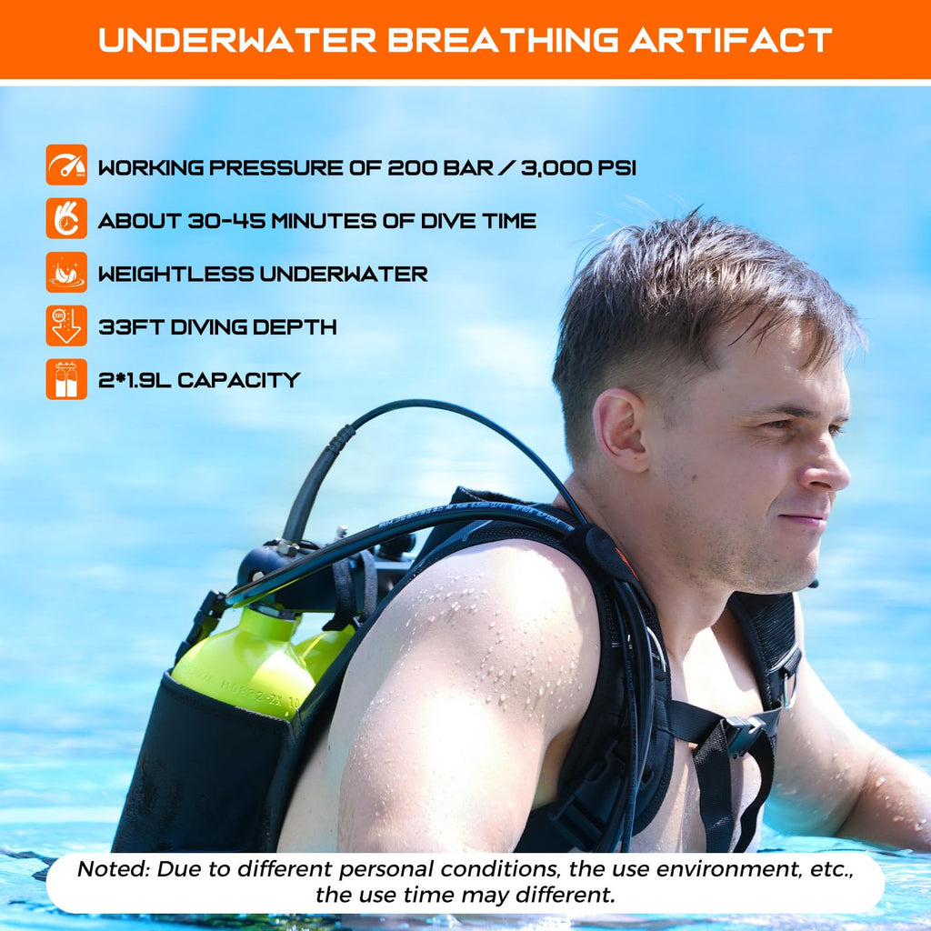 Mini Scuba Diving Tank 1.9L Double Scuba Tank Reusable Small Pony Bottle with 30-45 Mins Portable Twin Diving Air Tank Kit Diving Oxygen Cylinder P3570