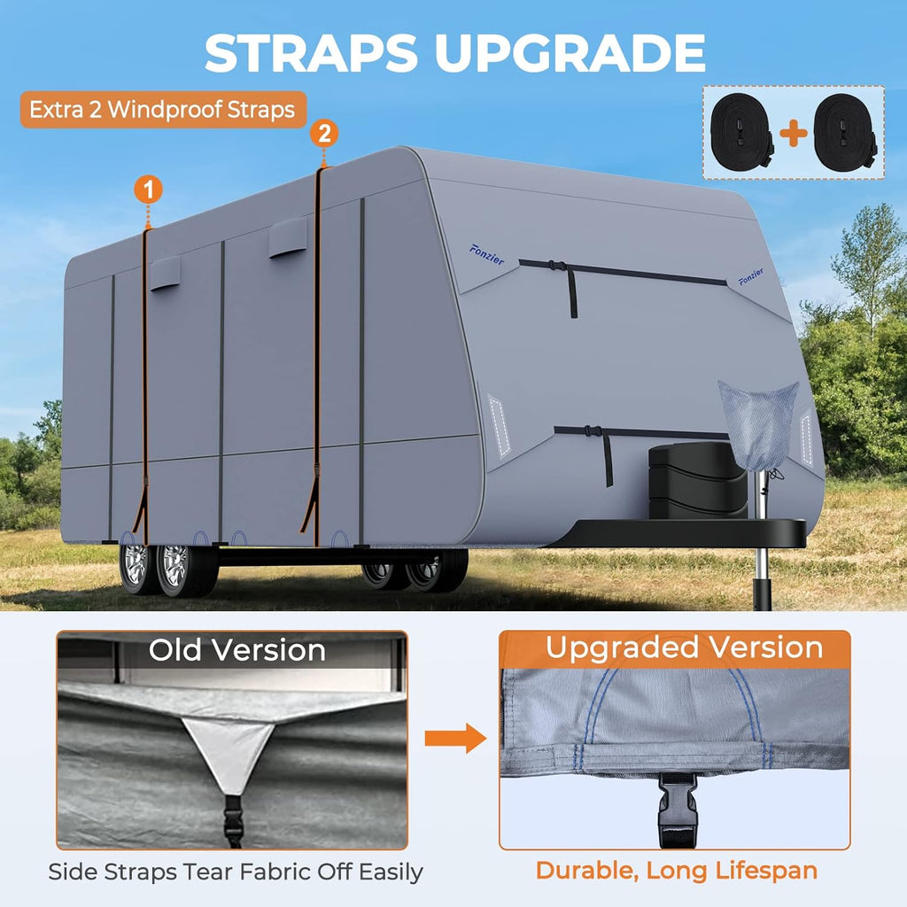 Waterproof Travel Trailer RV Cover with 4 Gutter Spout Covers and 2 Windproof Straps B550739