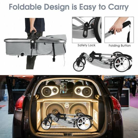 Gray Folding Aluminum Infant Reversible Stroller with Diaper Bag Q27797