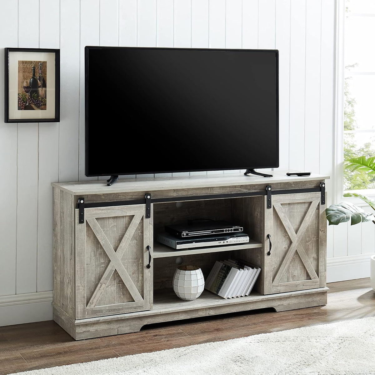 White Wash Grey Farmhouse TV Stand with Sliding Barn Doors S400721