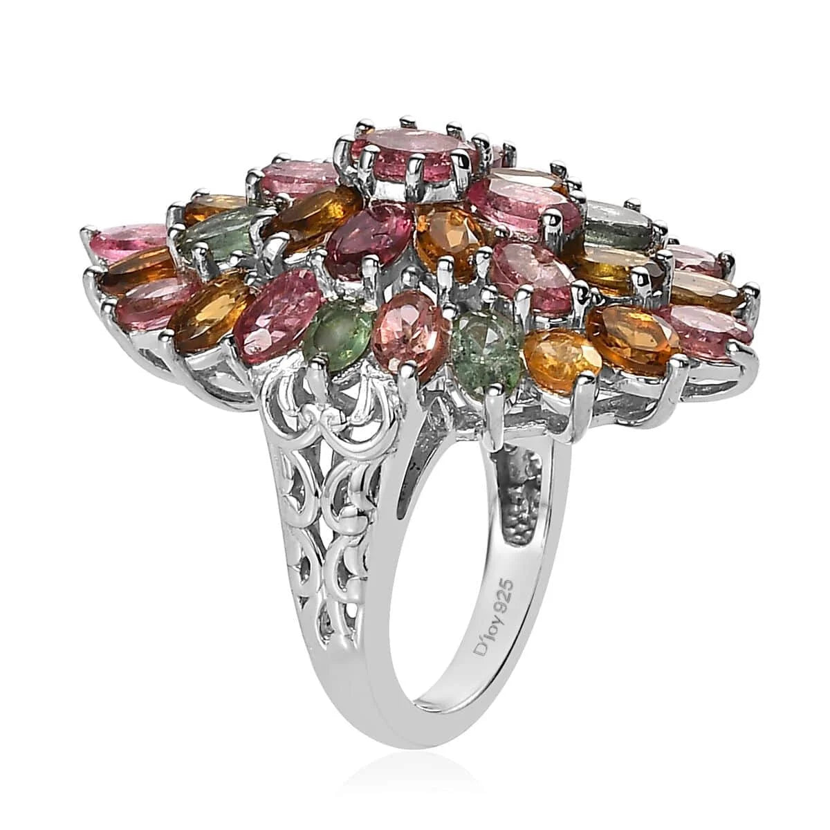 Multi-Tourmaline Oval 925 Sterling Silver Platinum Plated Cluster Ring Size 10 Ct 6.28 R3975