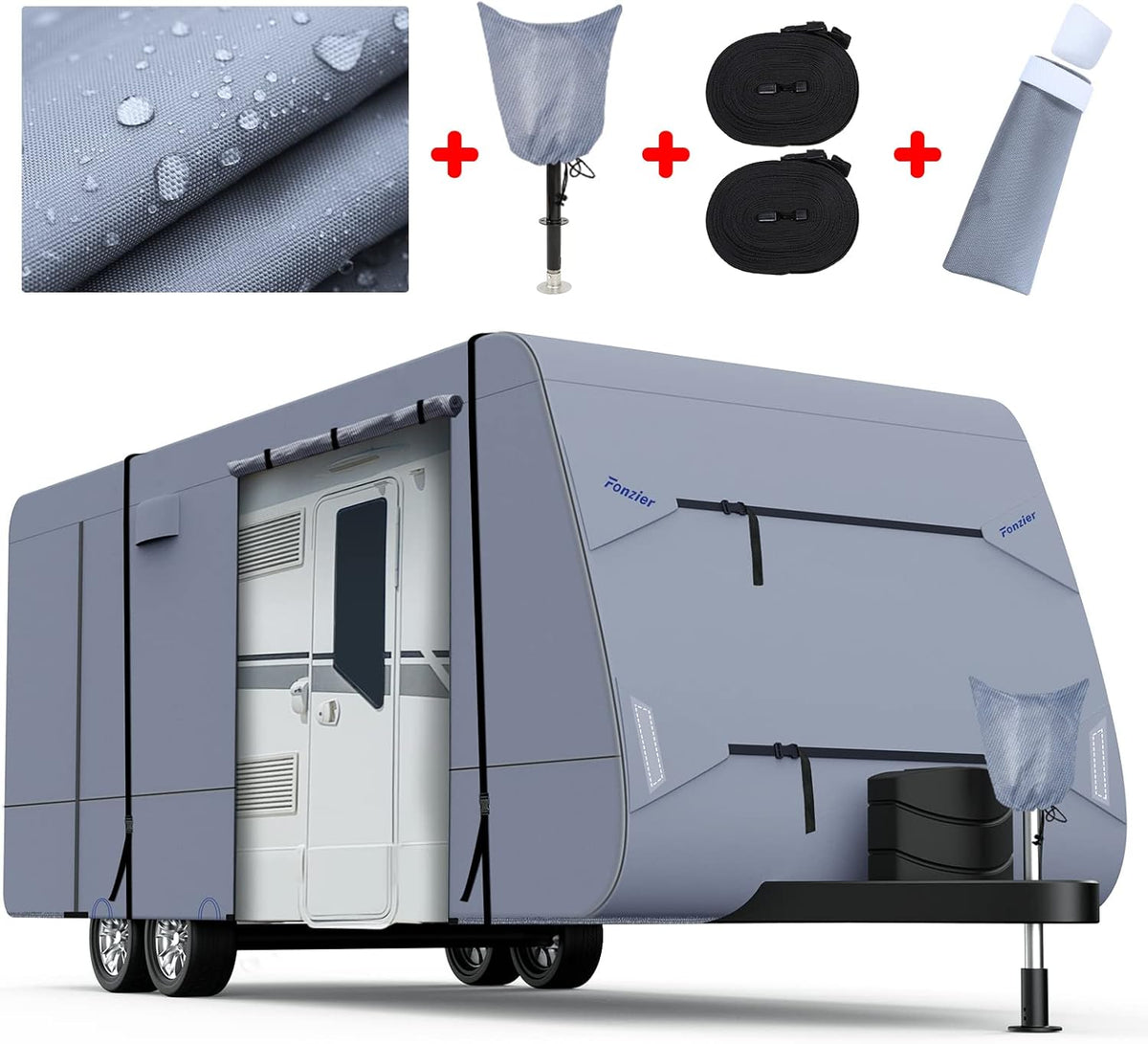 Waterproof Travel Trailer RV Cover with 4 Gutter Spout Covers and 2 Windproof Straps B550739