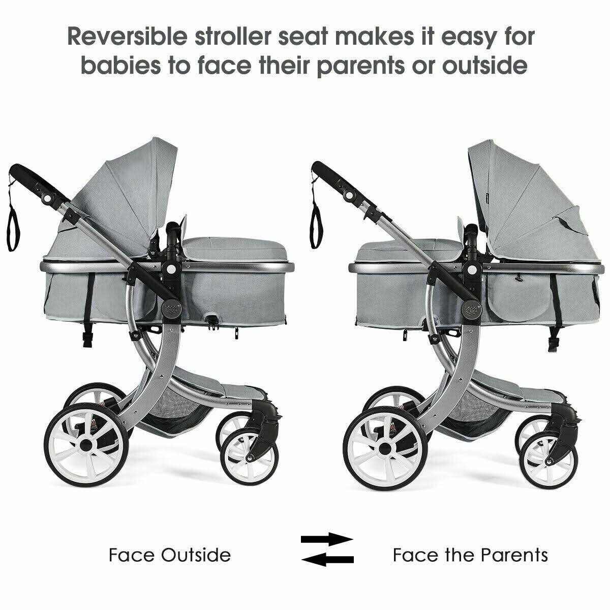 Gray Folding Aluminum Infant Reversible Stroller with Diaper Bag Q27797