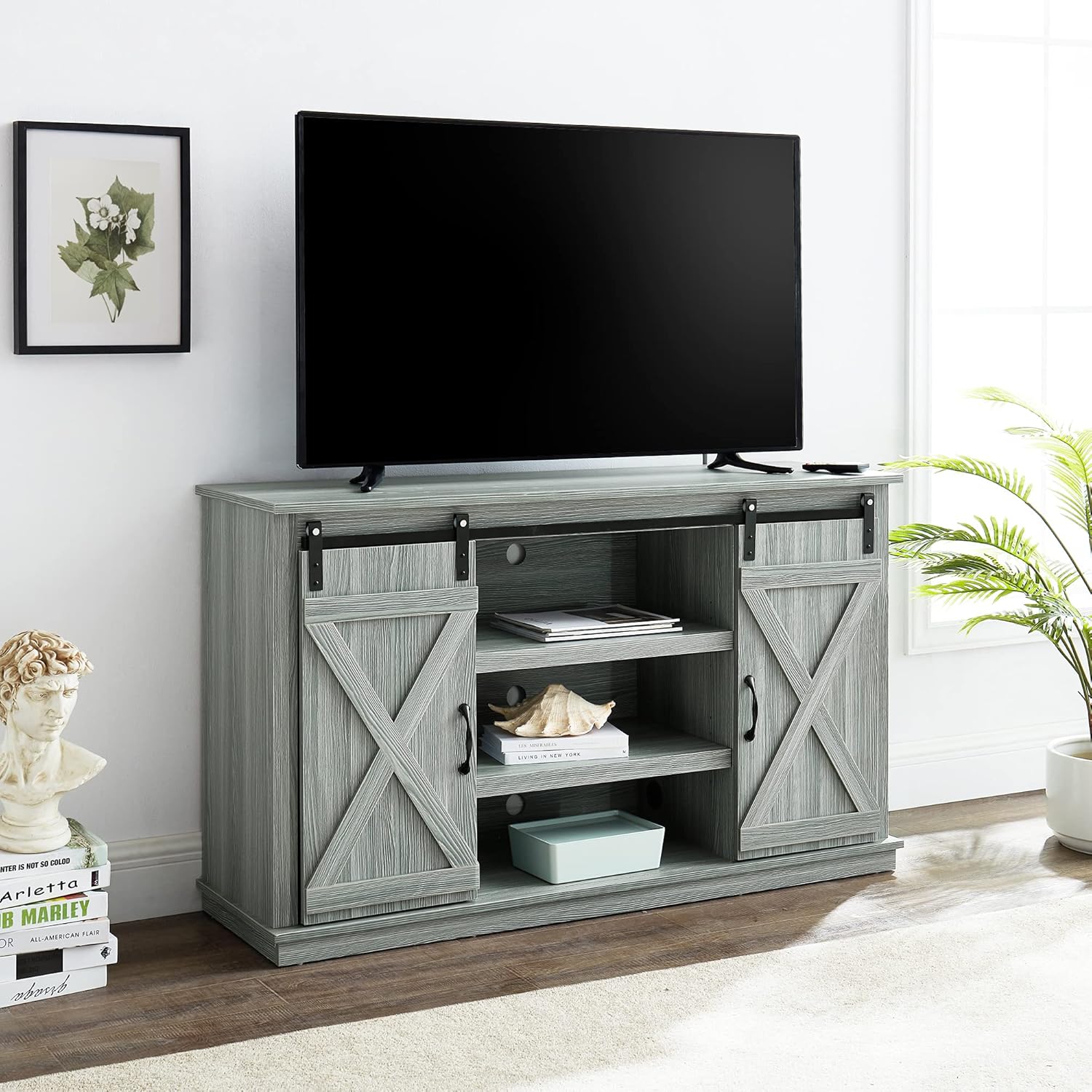 White Wash Grey Farmhouse TV Stand with Sliding Barn Doors S400721