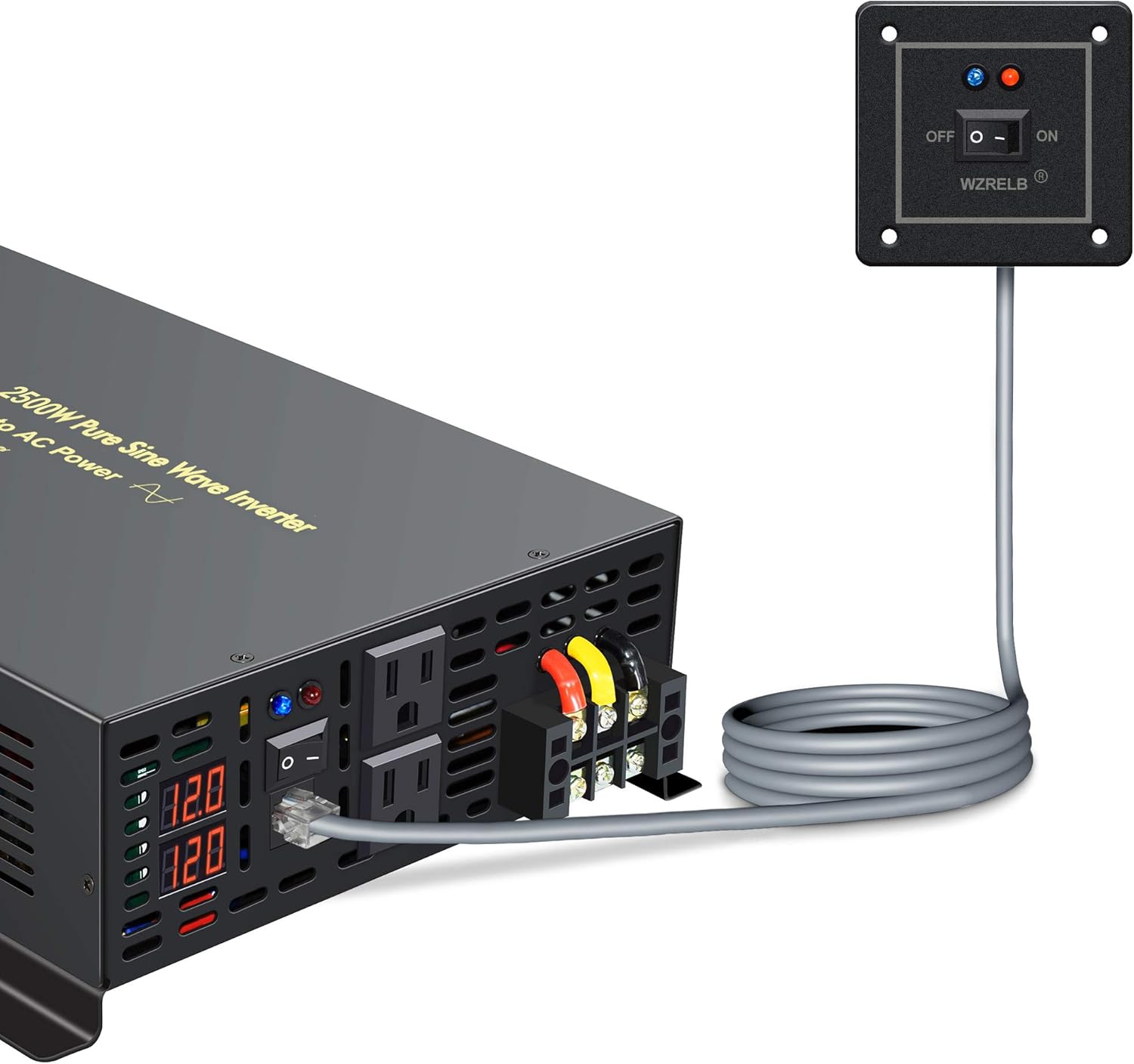 2500W 12VDC 120VAC Pure Sine Wave Power Inverter with 2 AC Outlets Wired Remote Control P52606