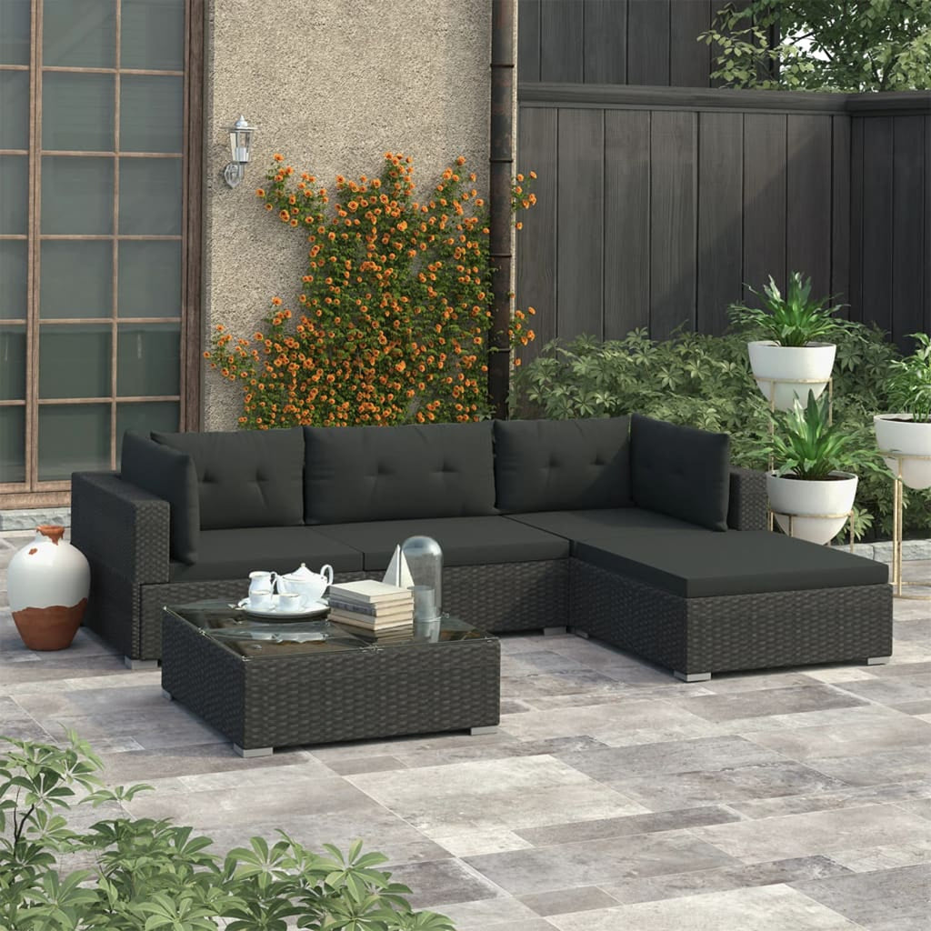 5 Piece Black Poly Rattan Outdoor Conversation Sofa Set with Tea Table and Ottoman M913