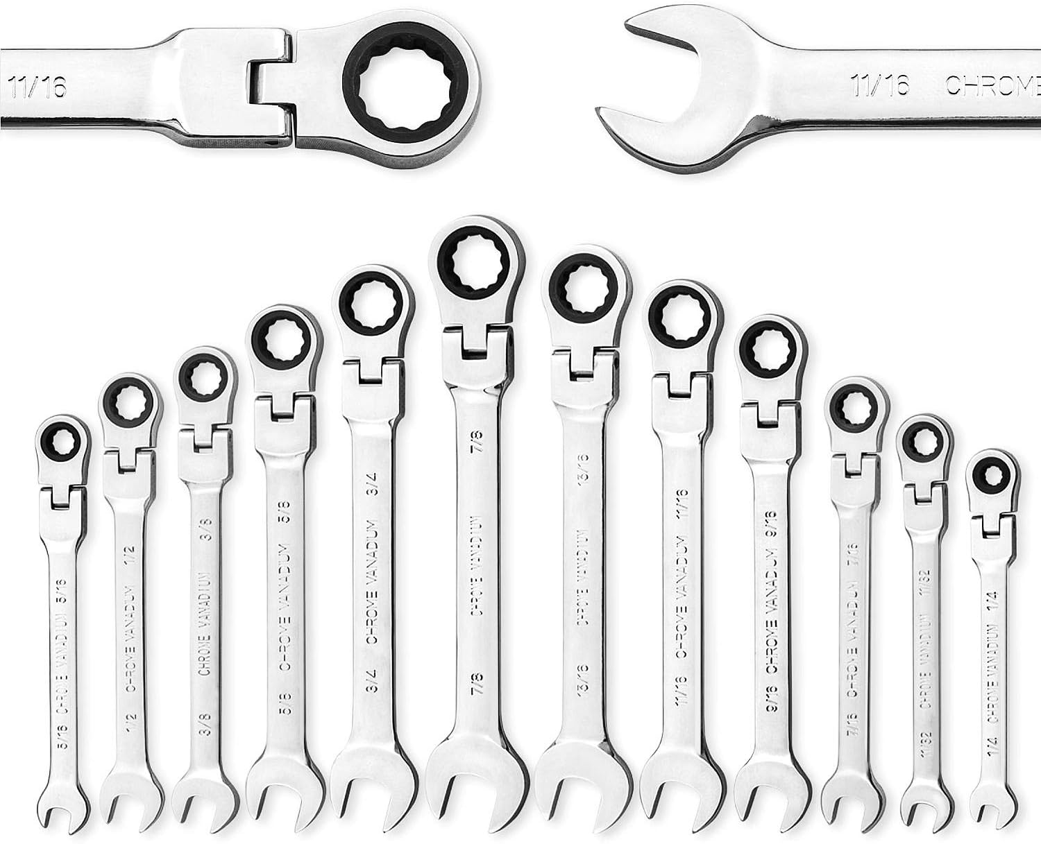 12-Piece 8-19mm Metric Flex-Head Ratcheting Wrench Set with Canvas Bag H498693