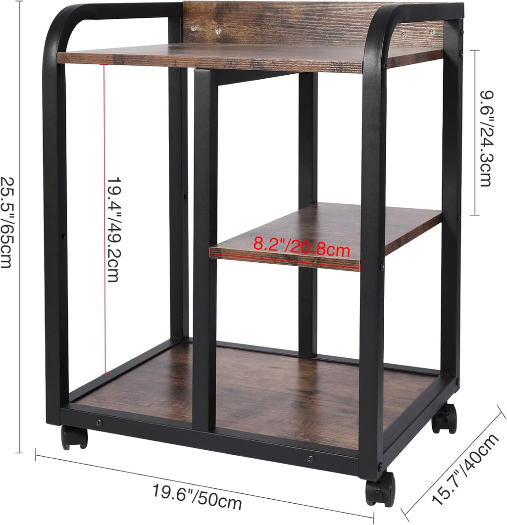 Rustic Brown 3 Tier Rolling Printer Stand with Storage D3081