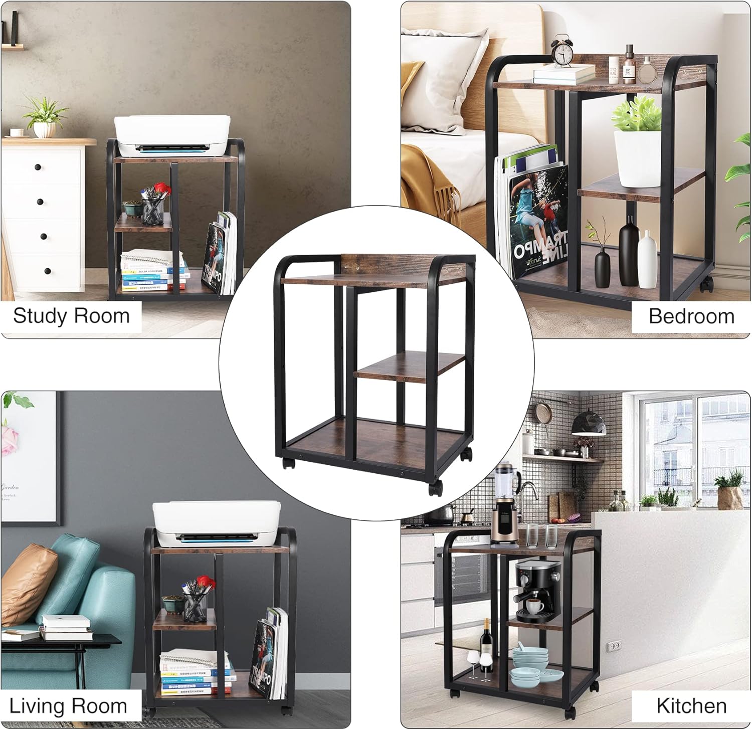 Rustic Brown 3 Tier Rolling Printer Stand with Storage D3081