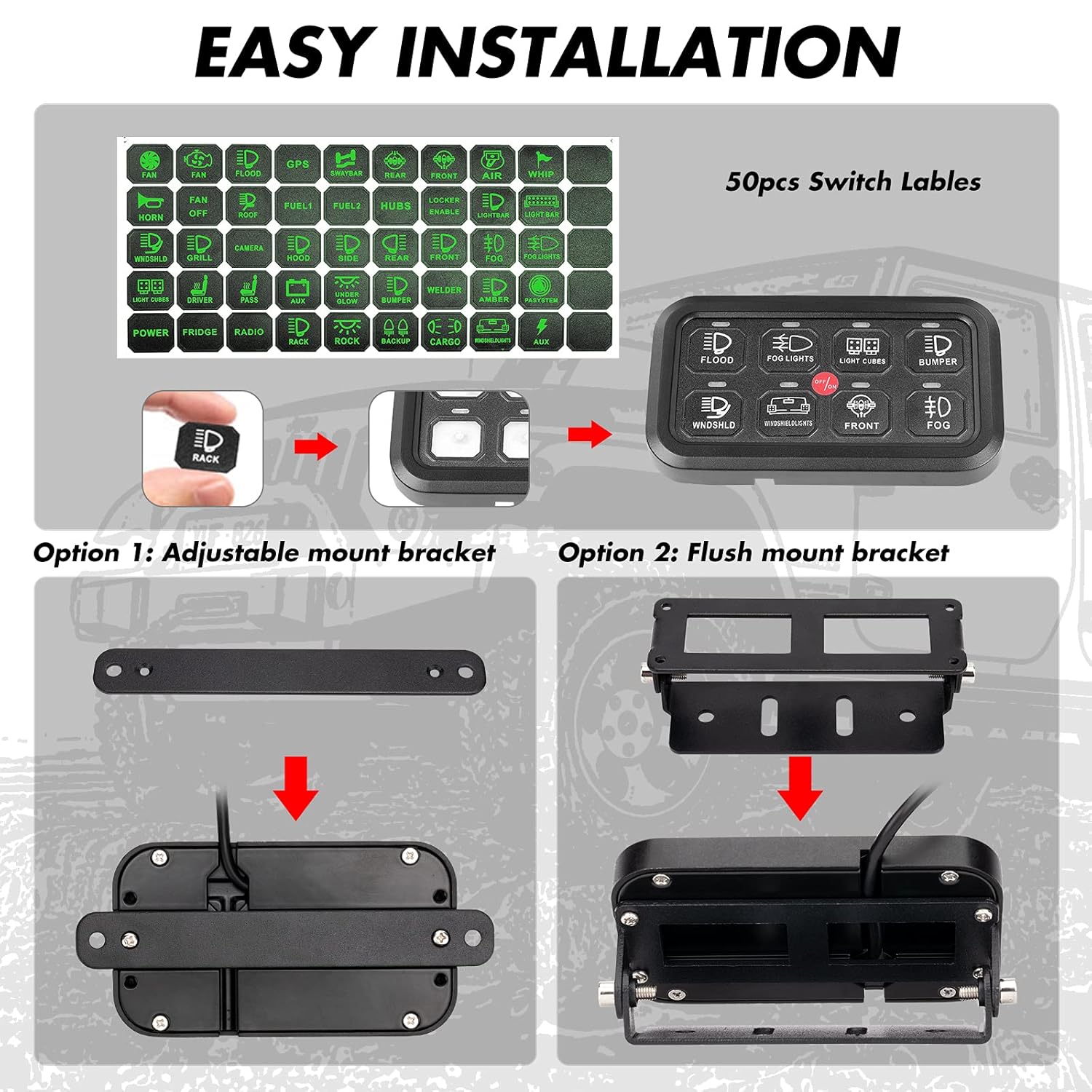 8 Gang Switch Panel with Green Backlit ON-Off Button J898062