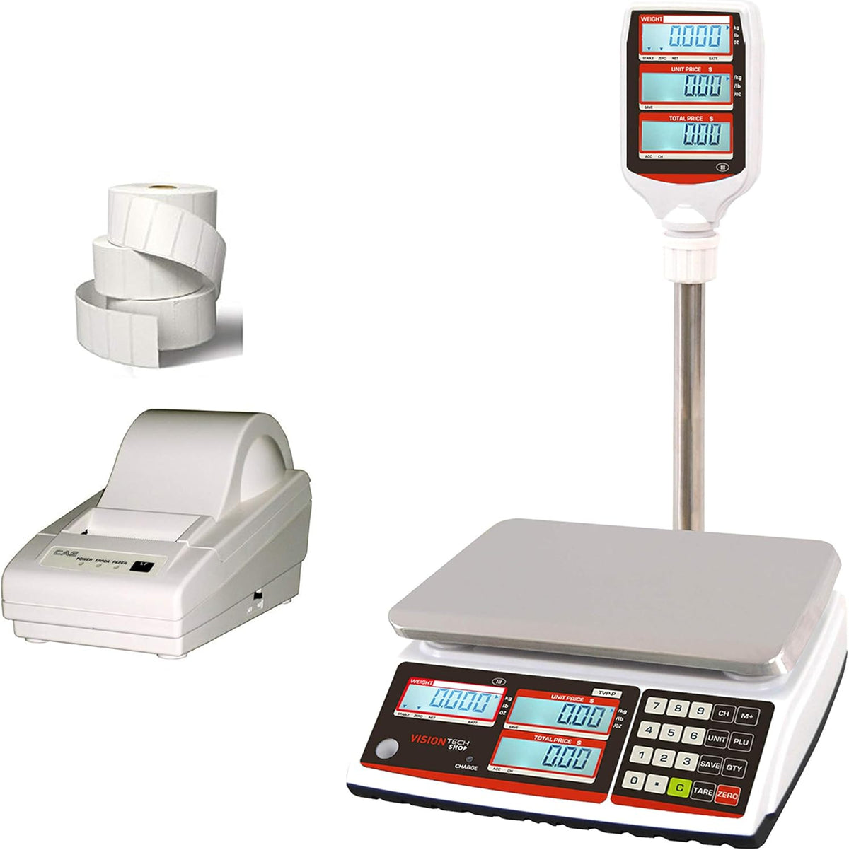 Price Computing Scale with Pole Display, 12lb Capacity, 0.002lb Readability, Thermal Label Printer, 1 Case of Labels Z915522