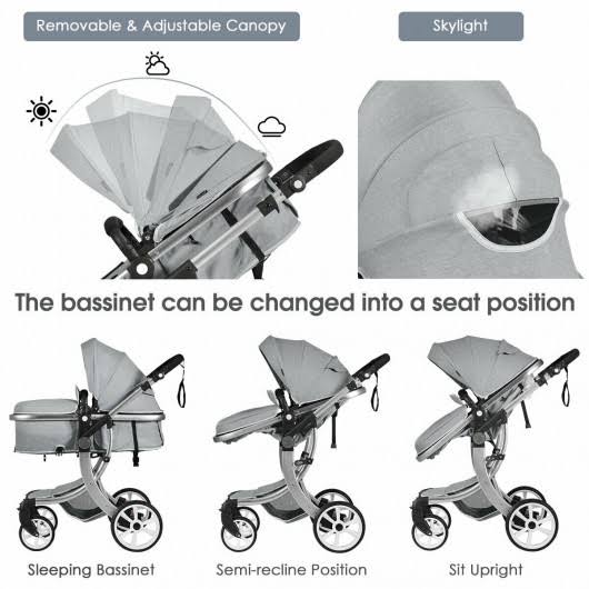 Gray Folding Aluminum Infant Reversible Stroller with Diaper Bag Q27797