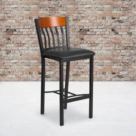 Black Metal & Cherry Wood Barstool with Black Vinyl Seat G132354