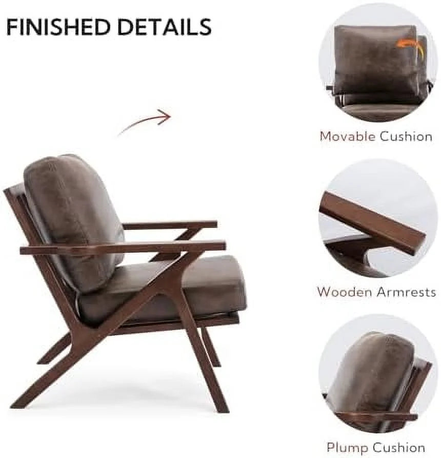 Brown Faux Leather Armchair with Wooden Frame J877077