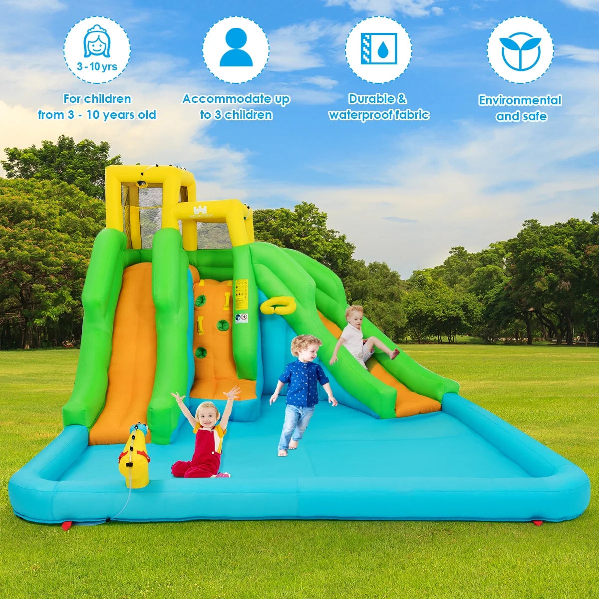 Inflatable Water Park Bounce House Two-Slide Bouncer with Climbing Wall and 550W Blower C156799