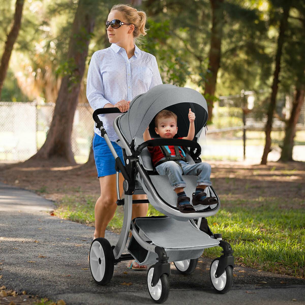 Gray Folding Aluminum Infant Reversible Stroller with Diaper Bag Q27797