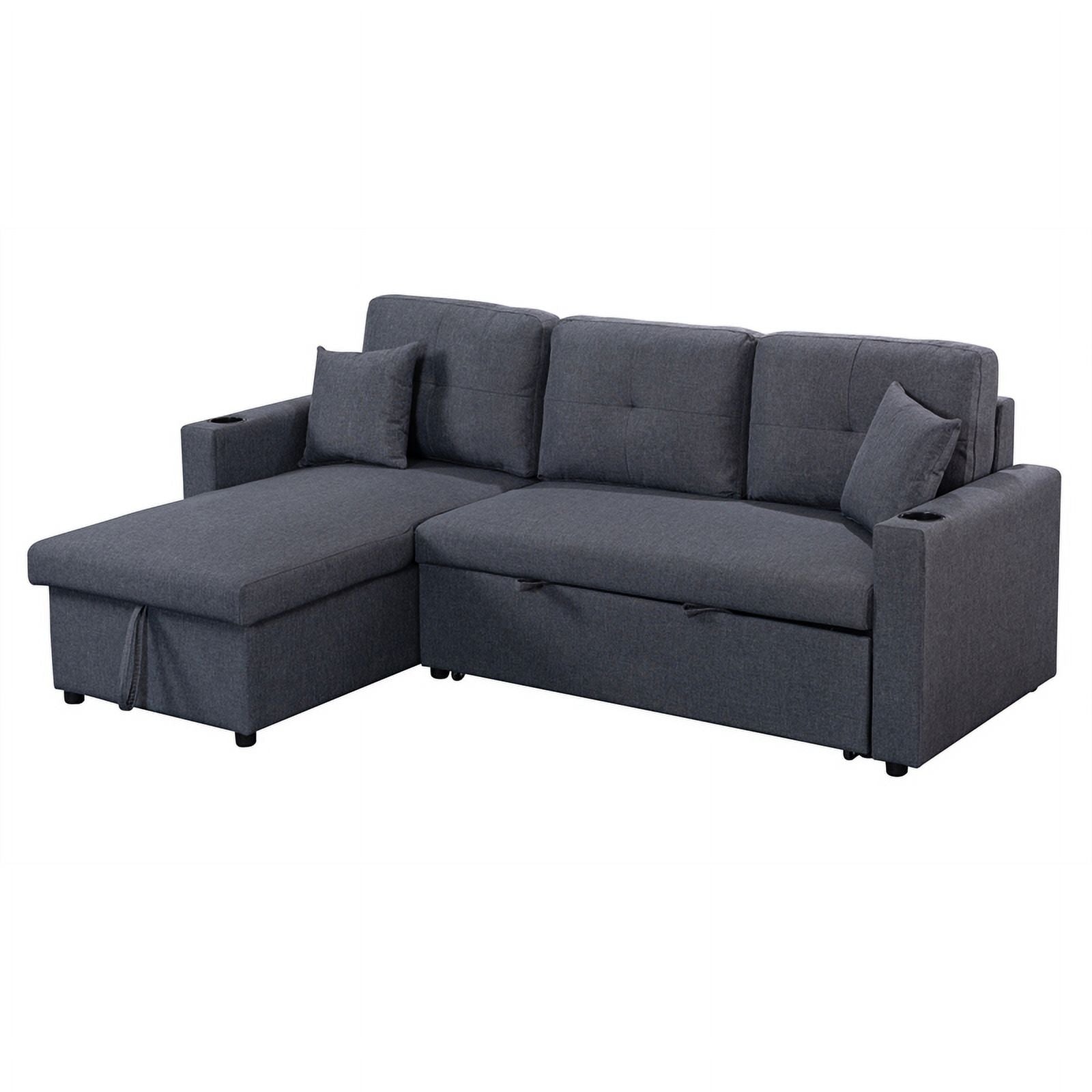 Dark Gray Linen Fabric Reversible Sleeper Sofa Chaise with Cup Holder F263