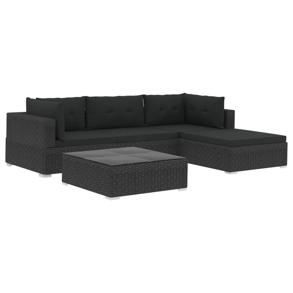 5 Piece Black Poly Rattan Outdoor Conversation Sofa Set with Tea Table and Ottoman M913