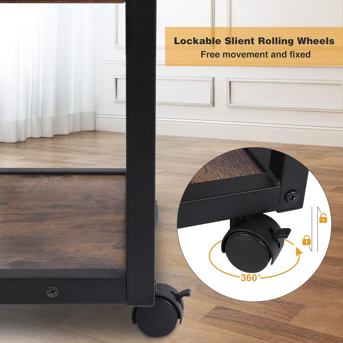 Rustic Brown 3 Tier Rolling Printer Stand with Storage D3081