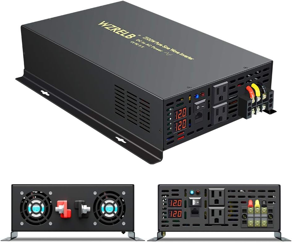 2500W 12VDC 120VAC Pure Sine Wave Power Inverter with 2 AC Outlets Wired Remote Control P52606