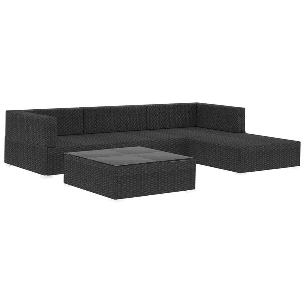 5 Piece Black Poly Rattan Outdoor Conversation Sofa Set with Tea Table and Ottoman M913