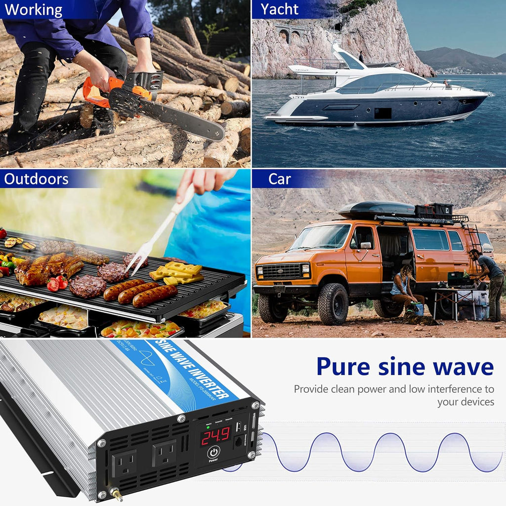 24 Volt 2000W Pure Sine Wave Power Inverter DC 24V to AC120V with Dual AC Outlets Remote Control 2.4A USB LED Display Y706494