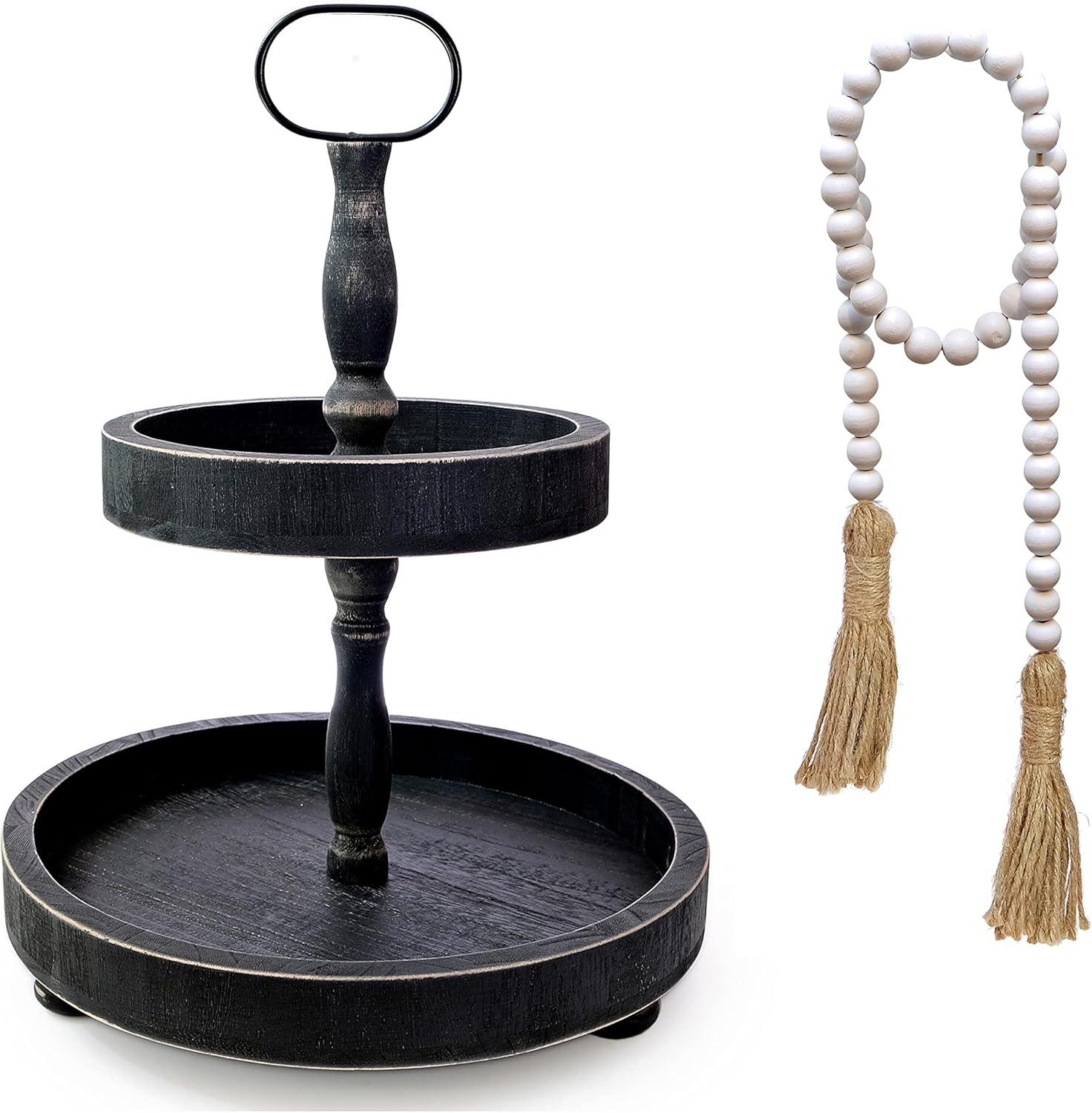 White 2 Tier Tray with Beads T7600