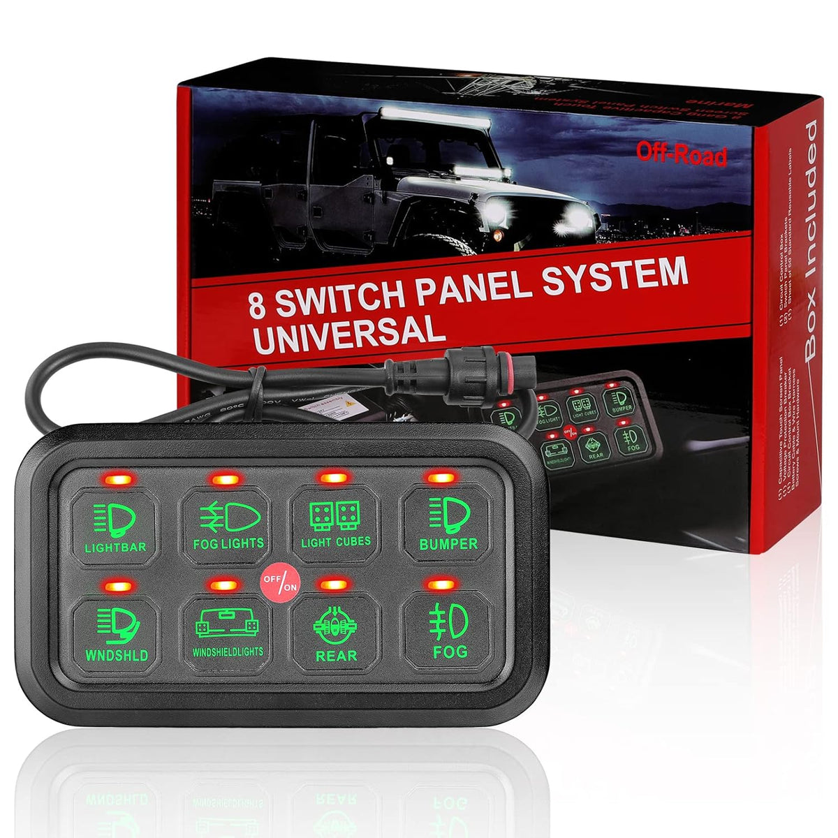 8 Gang Switch Panel with Green Backlit ON-Off Button J898062