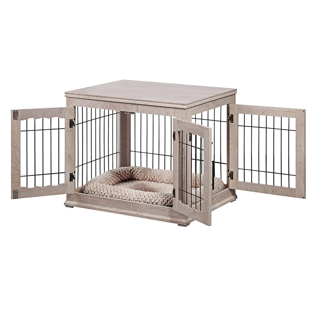 Wooden End Table with Wire Dog Kennel in Weathered Gray, Medium D280863