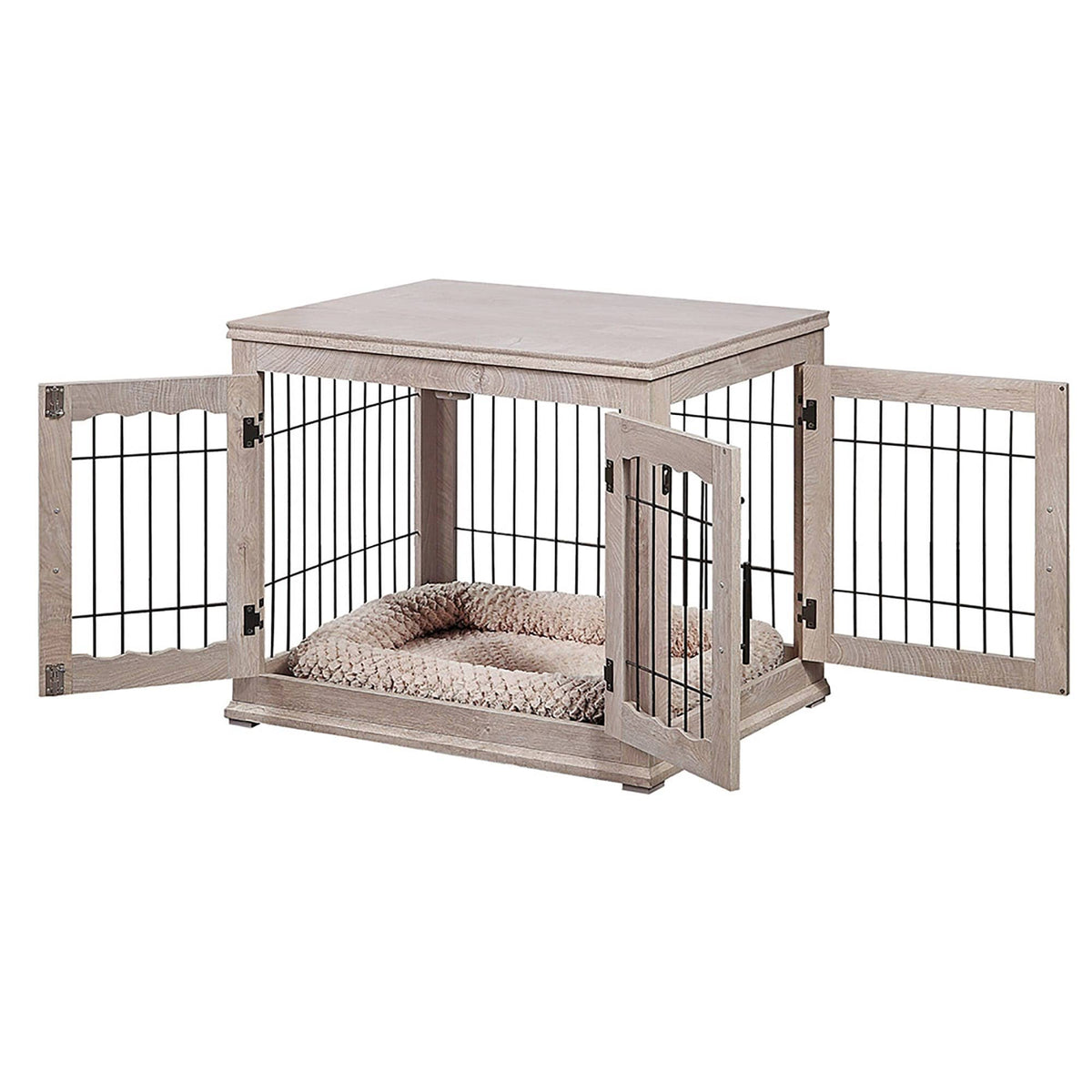 Wooden End Table with Wire Dog Kennel in Weathered Gray, Medium D280863