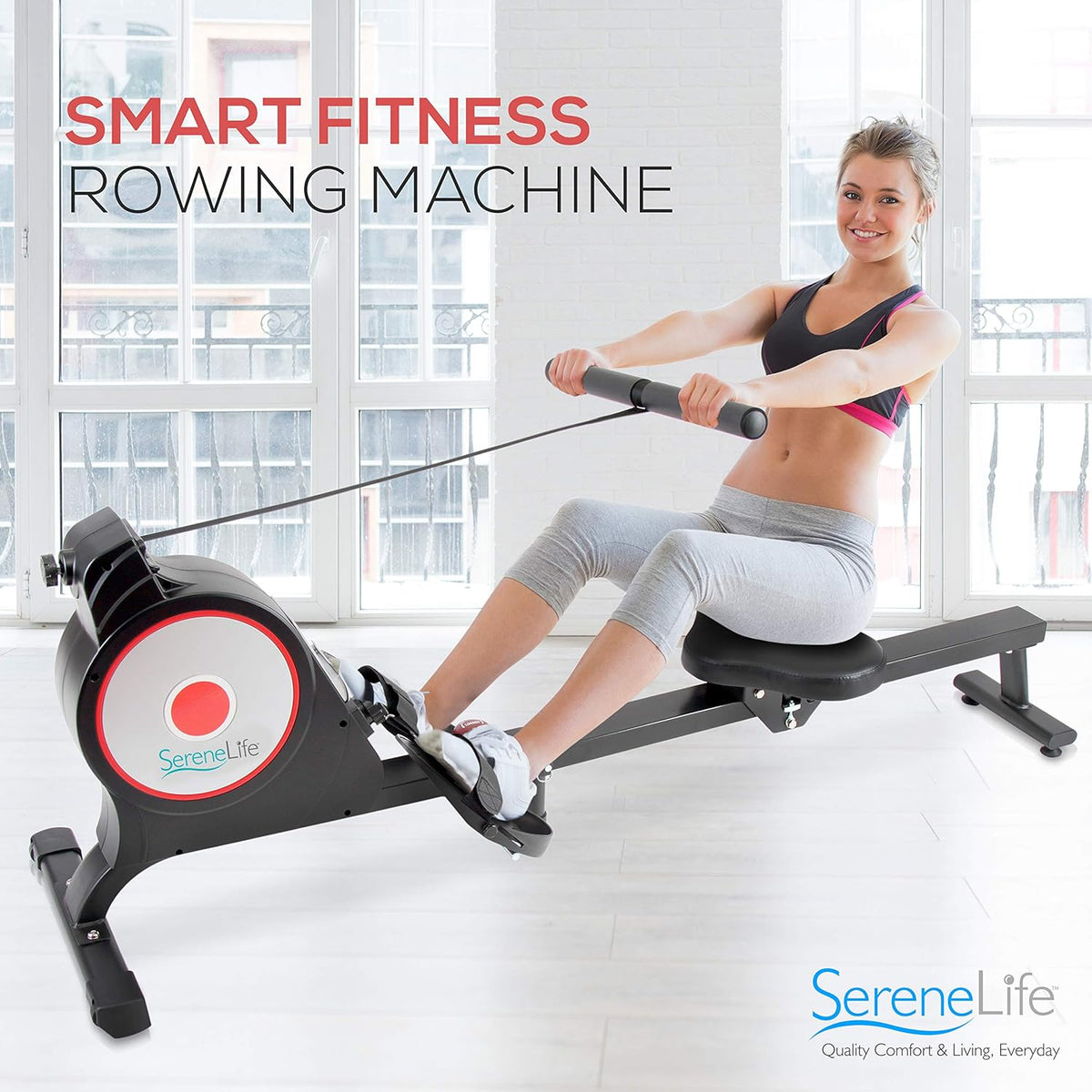 Magnetic Rowing Machine with Bluetooth App Fitness Tracking, Foldable Home Gym Exercise Rower with Adjustable Resistant, Padded Seat, Digital LCD Readout and Reinforced Cable K578894