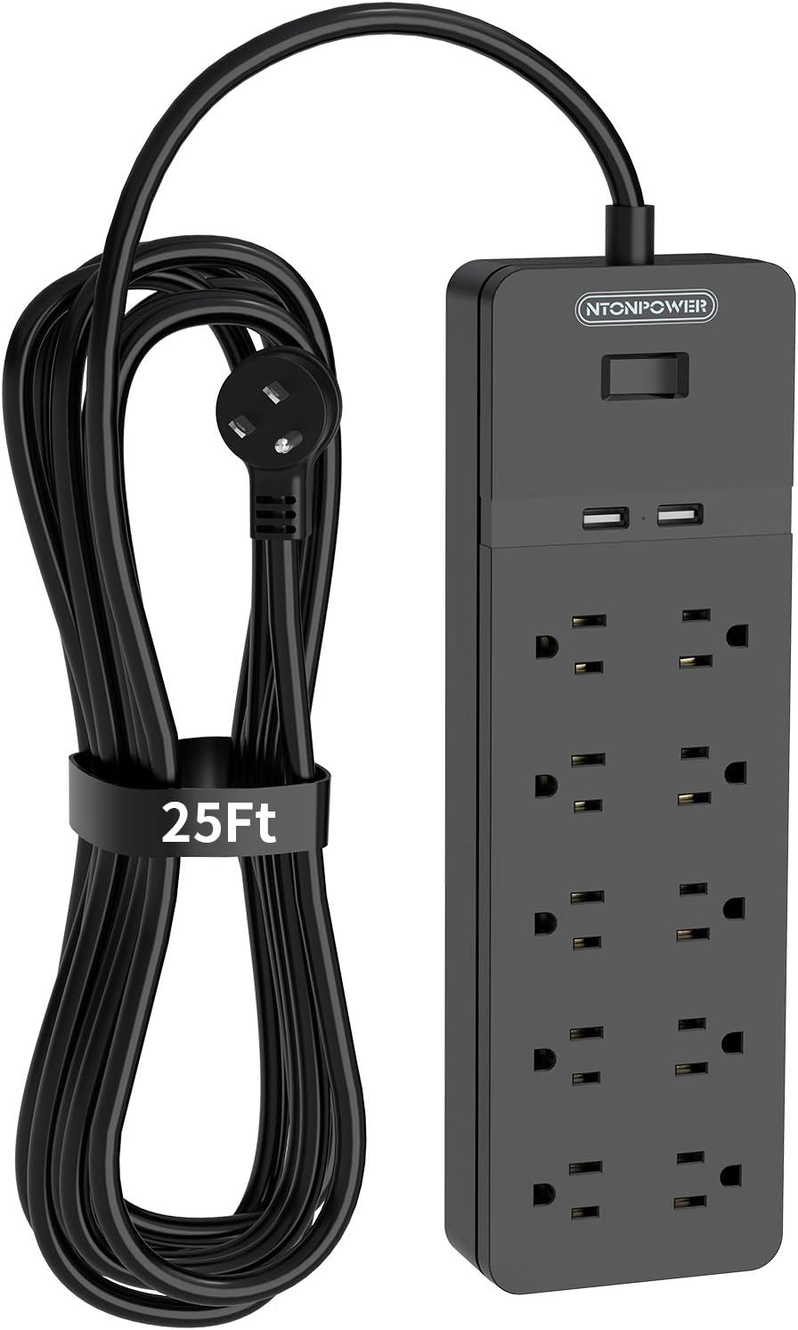 Flat Plug Extension Cord 25 Ft, 10 Outlets Power Strip Surge Protector with 2 USB, 1080 Joules, Wall Mountable, Pack of 2 I931