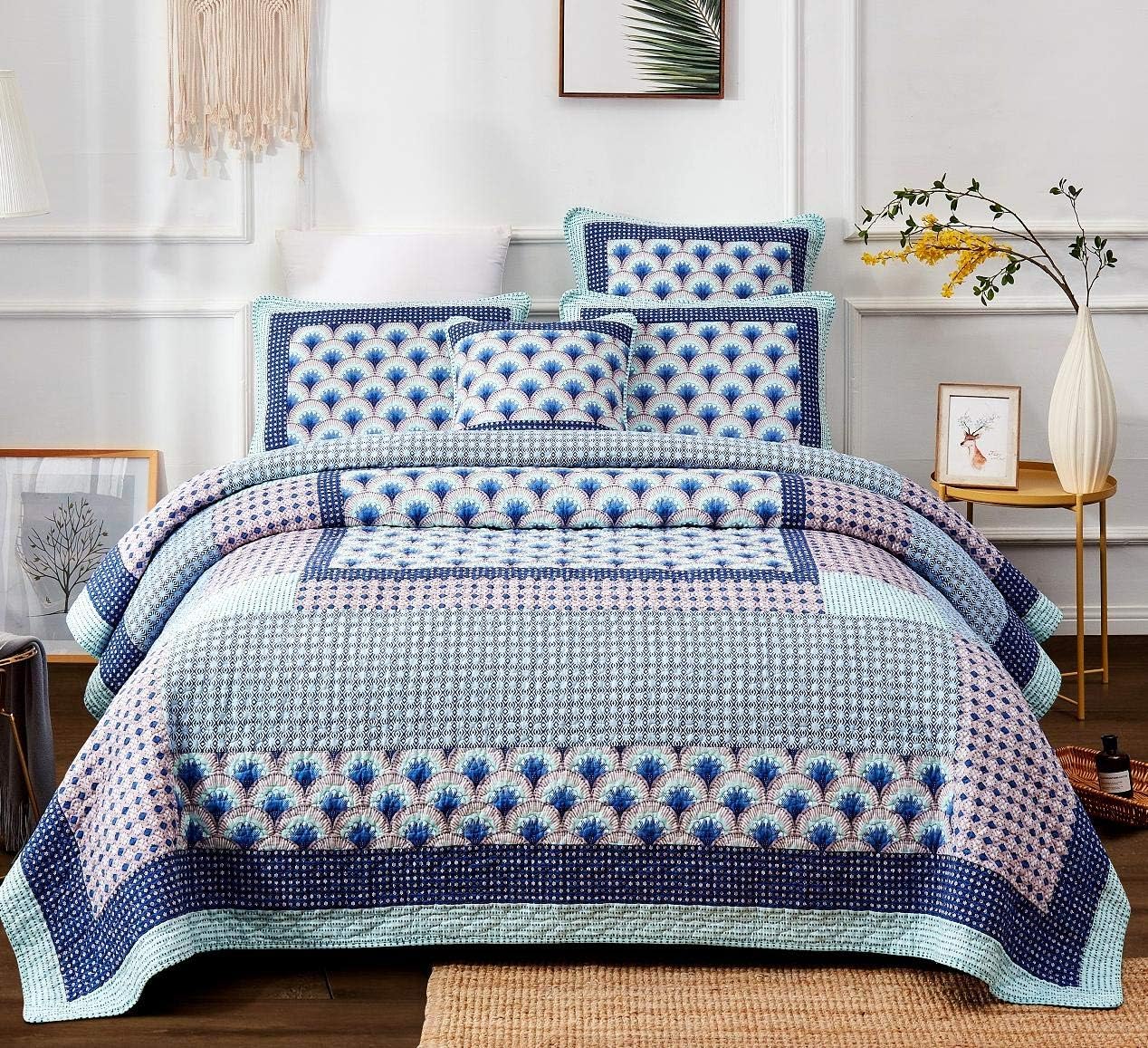 Minty Blue Cotton Patchwork Bedspread Set Queen 3-Pieces A8084