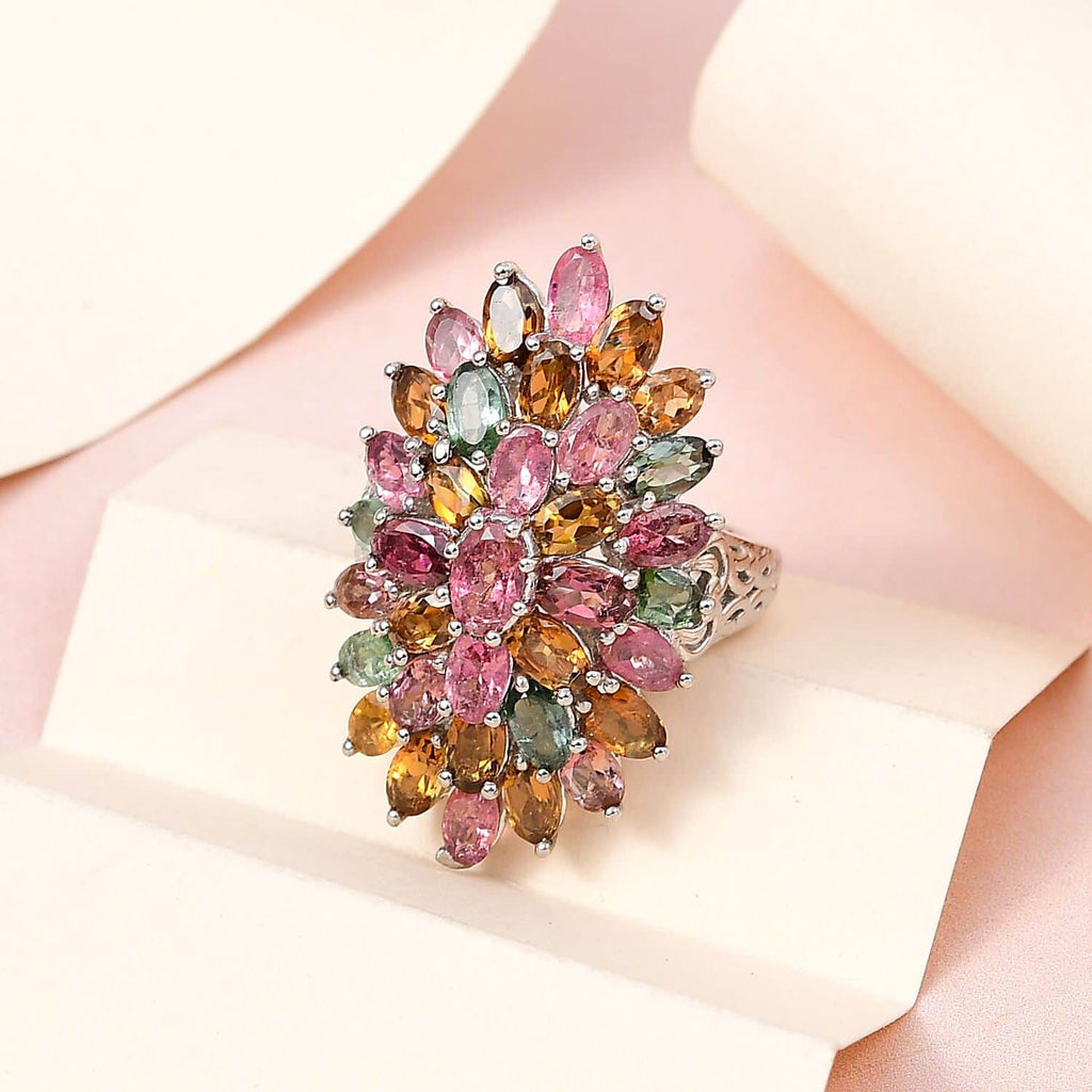 Multi-Tourmaline Oval 925 Sterling Silver Platinum Plated Cluster Ring Size 10 Ct 6.28 R3975