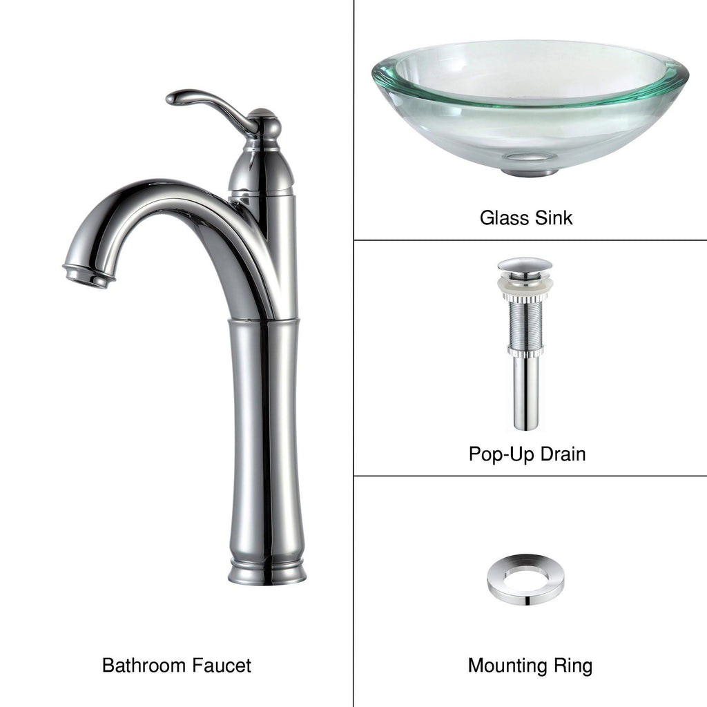 Glass Circular Vessel Bathroom Sink with Faucet, Satin Nickel V4807