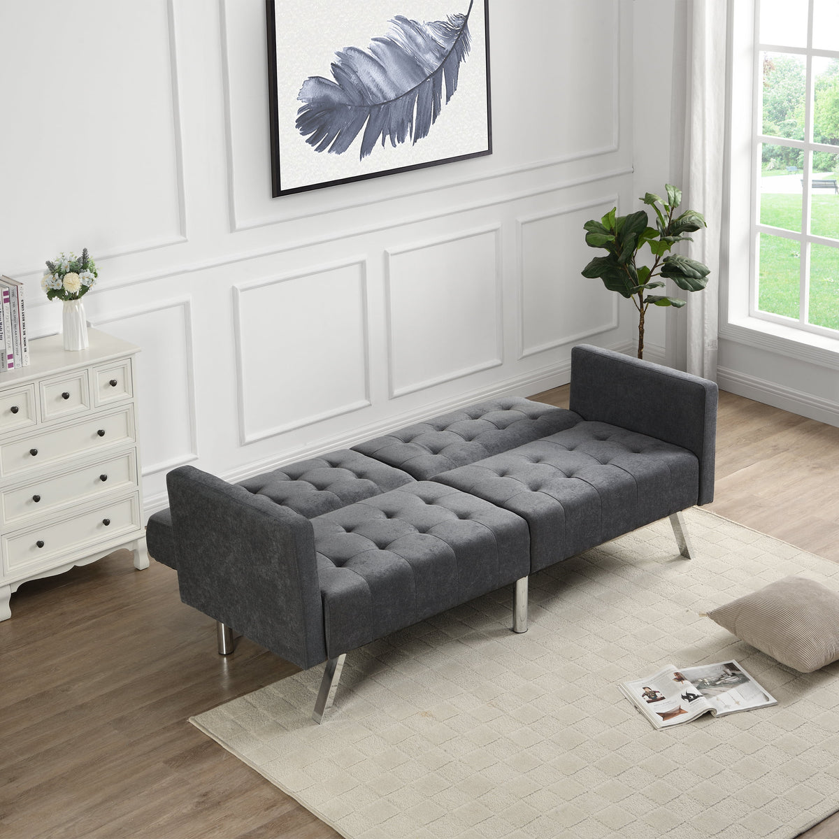 Dark Grey Convertible Linen Sofa Bed L738900