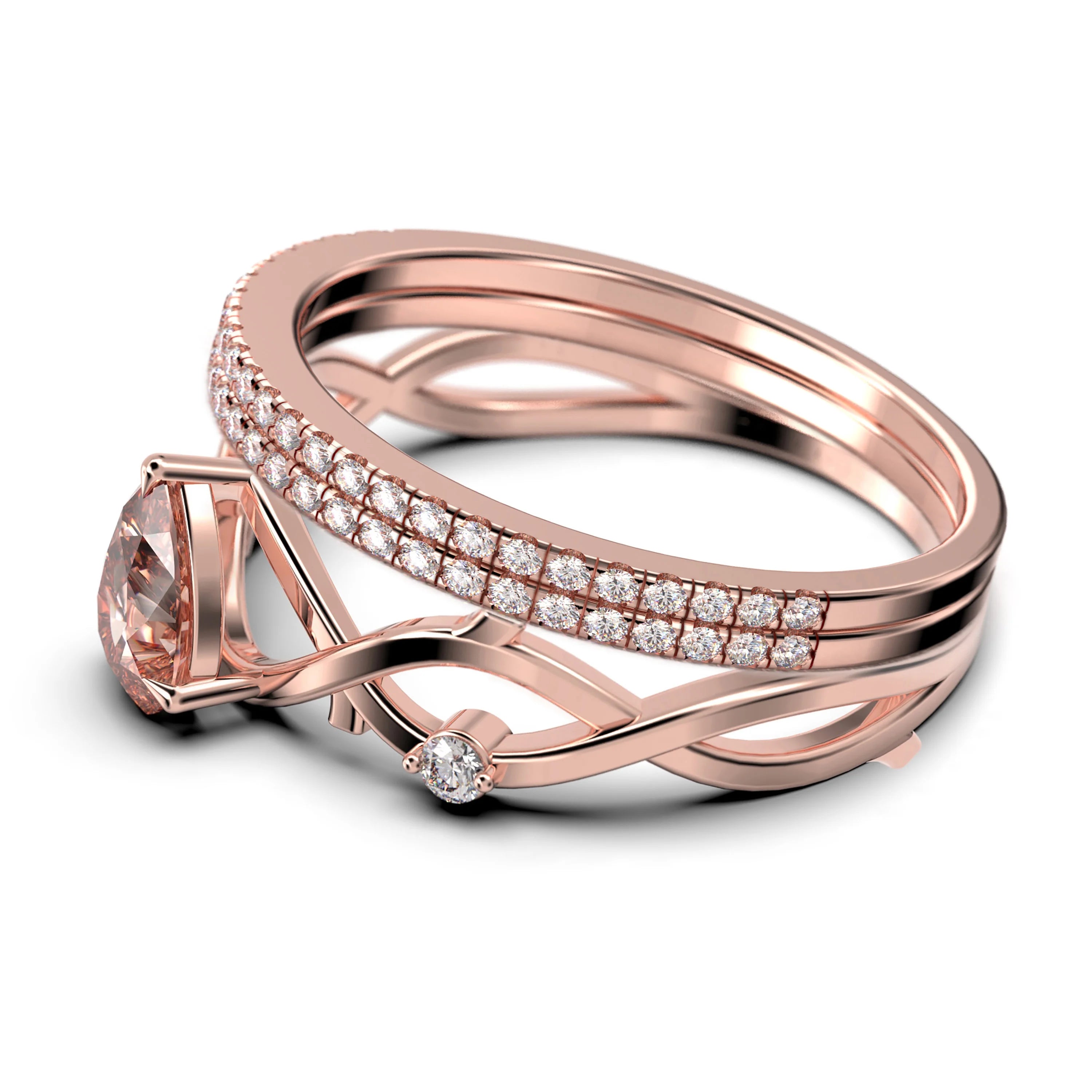 2.10 Carat Pear Cut Morganite And Diamond Moissanite Engagement Ring In 925 Sterling Silver With 18K Rose Gold Plating, Trio Ring Set G6619