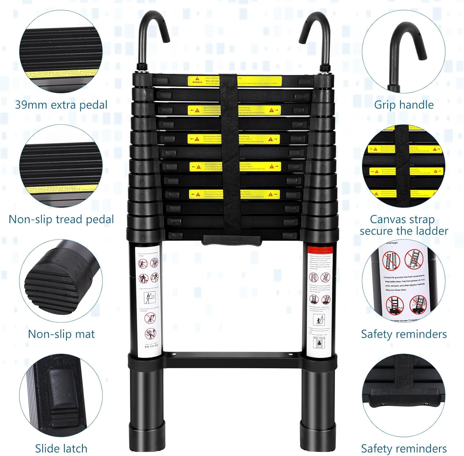 12.5FT Aluminum Telescoping Folding Ladder with Hook, 330lbs Load Capacity T445643
