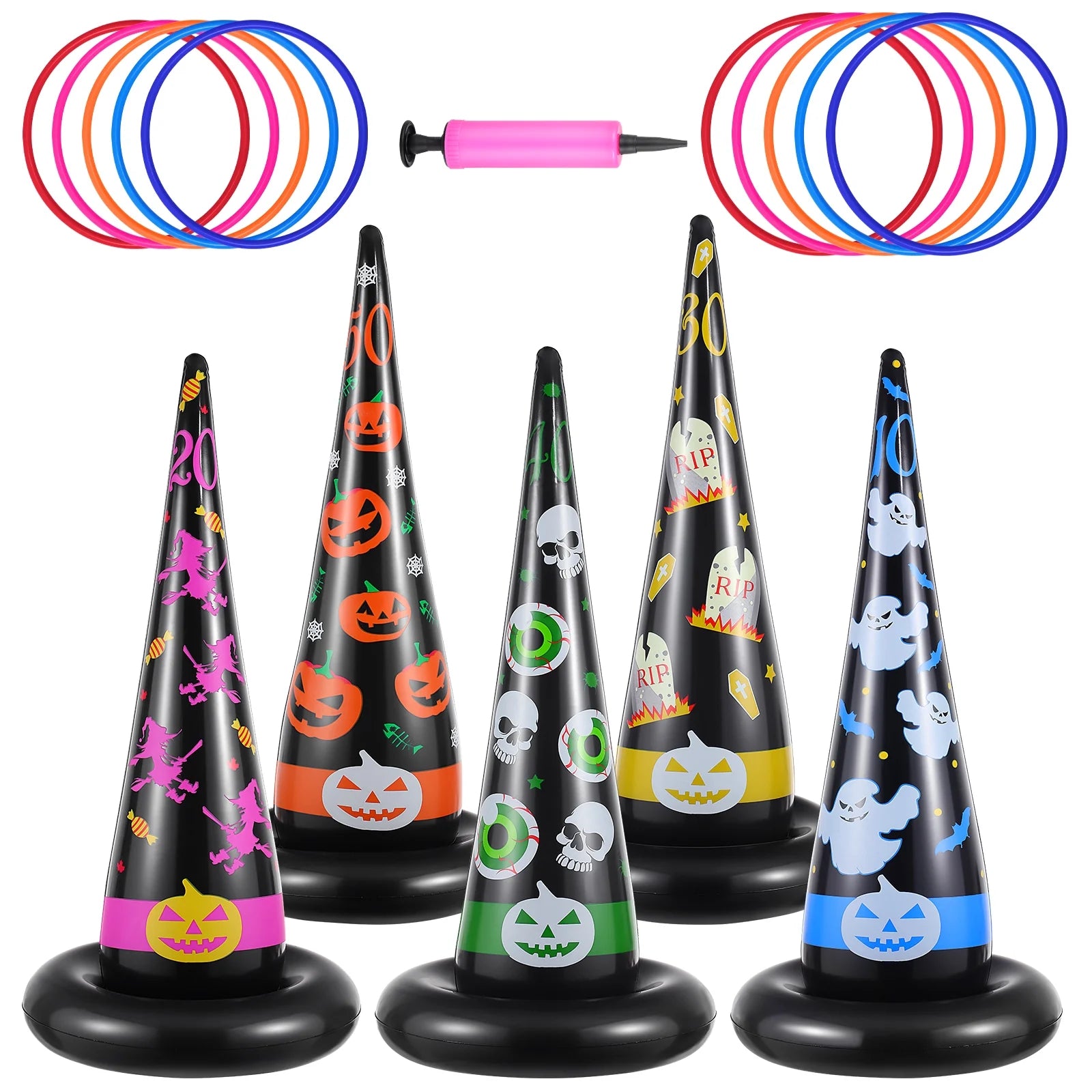 5pcs Inflatable Halloween Witch Hat Ring Toss Game Party Supplies with Plastic Rings Air Pump R5208