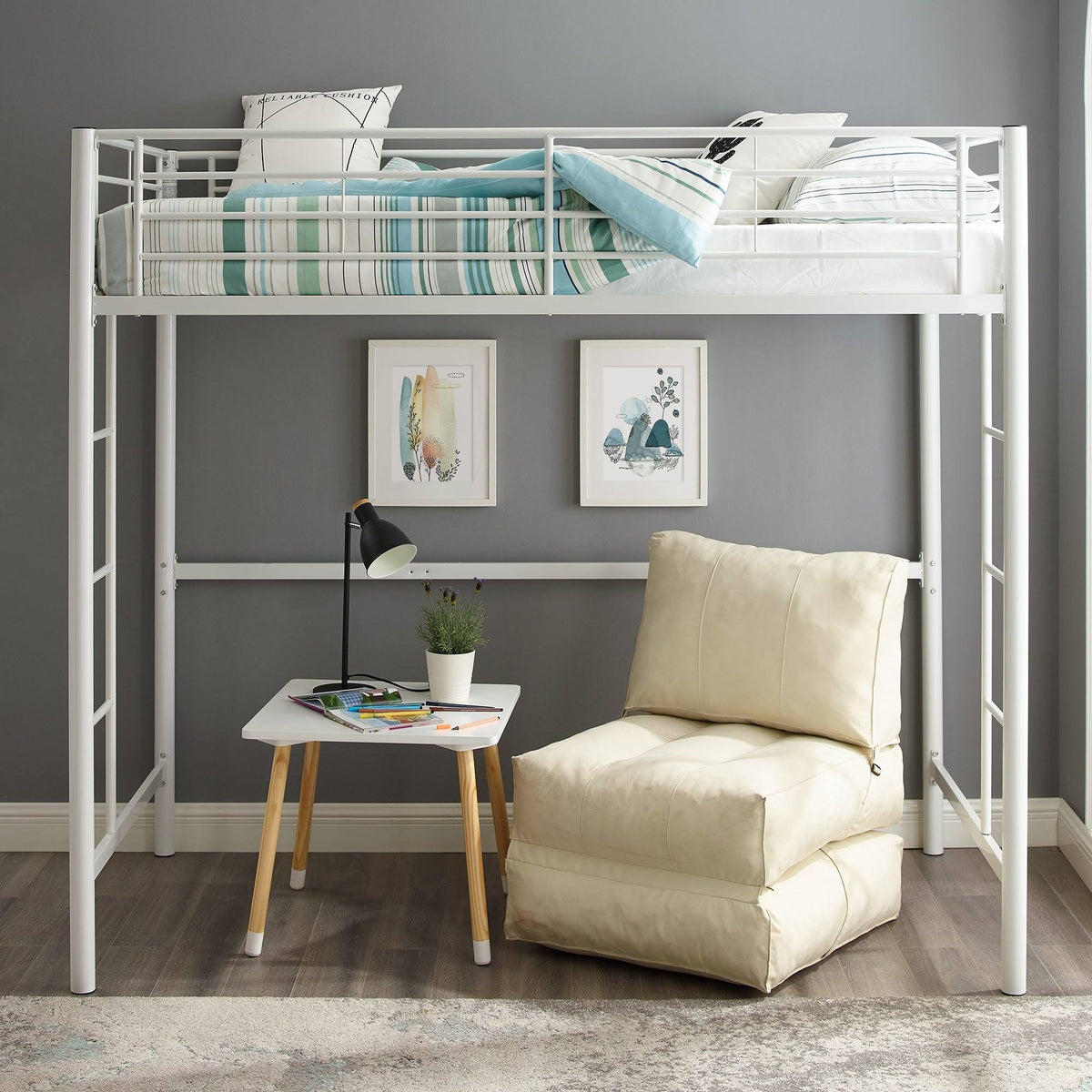 White Metal Twin Loft Bed M7418