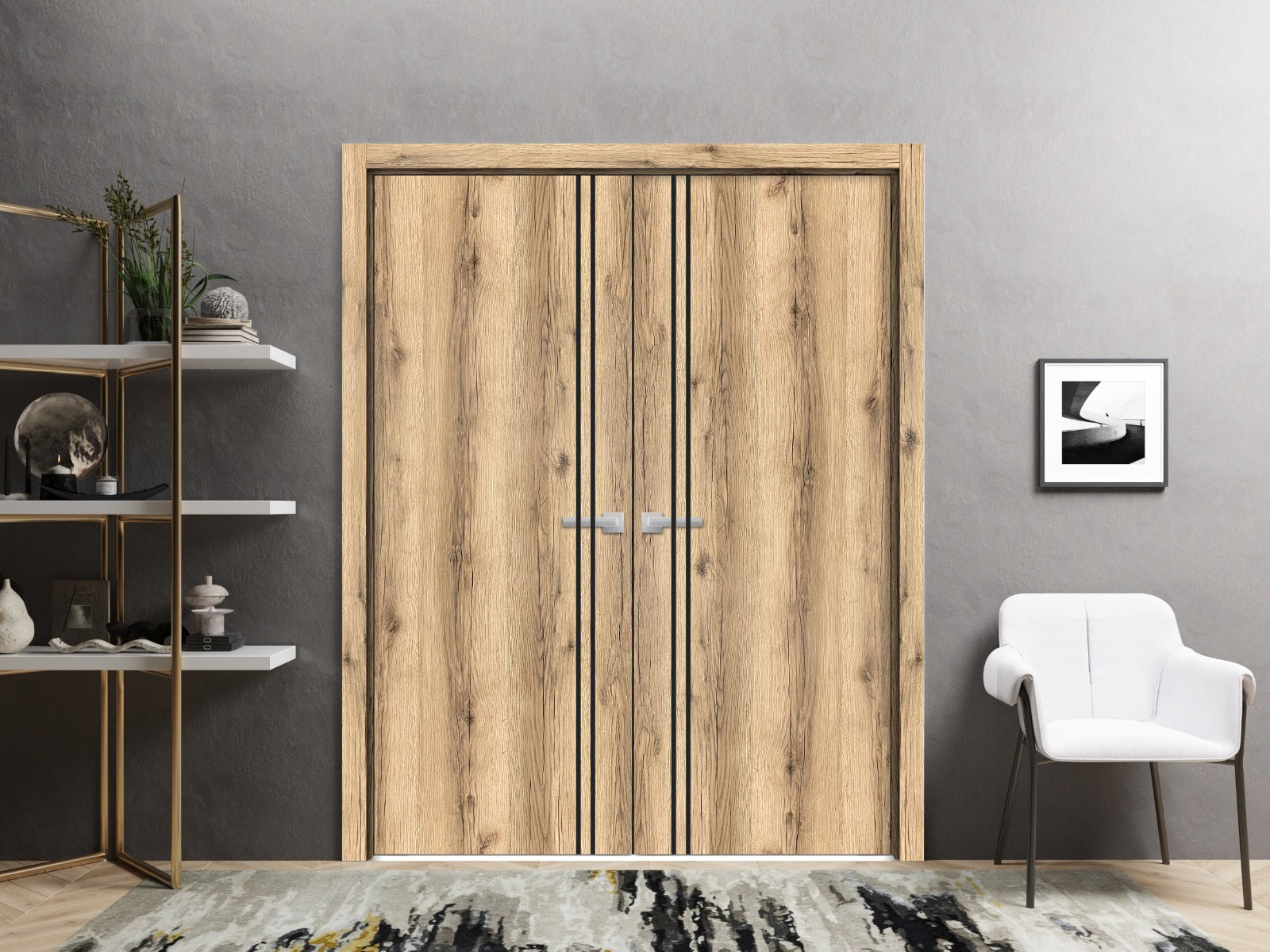 Solid French Double Doors 48 x 84 inches Oak with Frosted Glass Wood Solid Panel Frame Trims Y9746