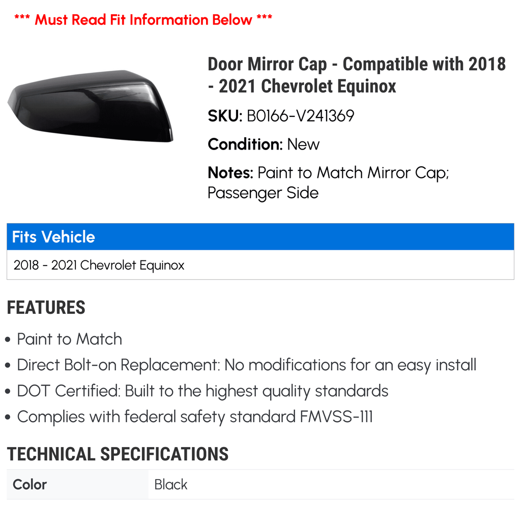 Door Mirror Cap for Chevy Equinox 2018 2021 C923278